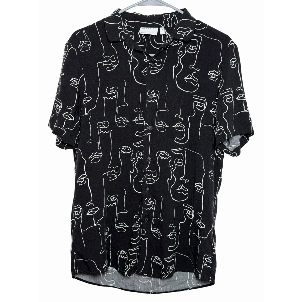 ASOS Design Men's Medium Black Abstract Face Print Button Front Shirt Monochrome